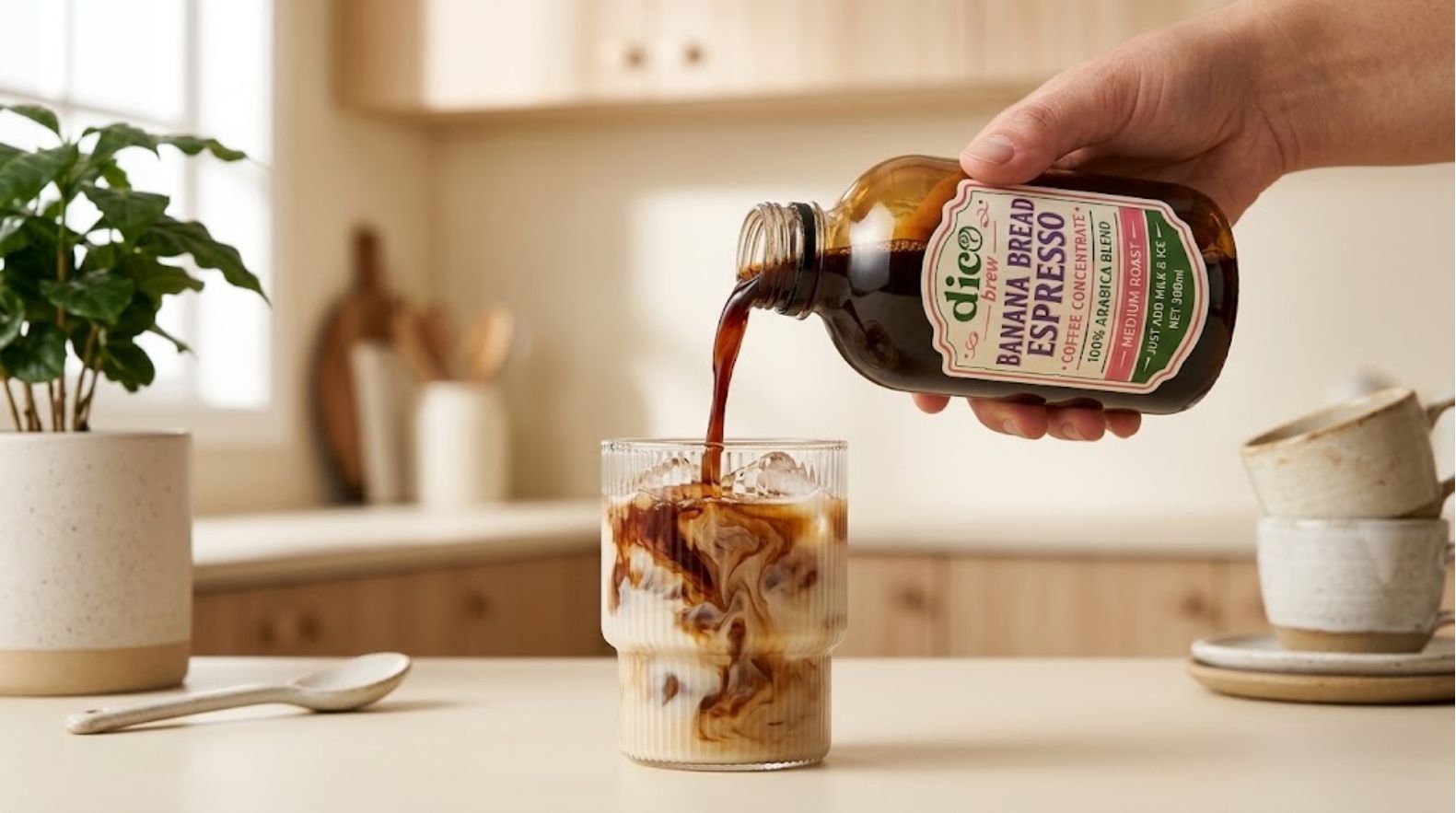 Pouring iced coffee concentrate with oat milk