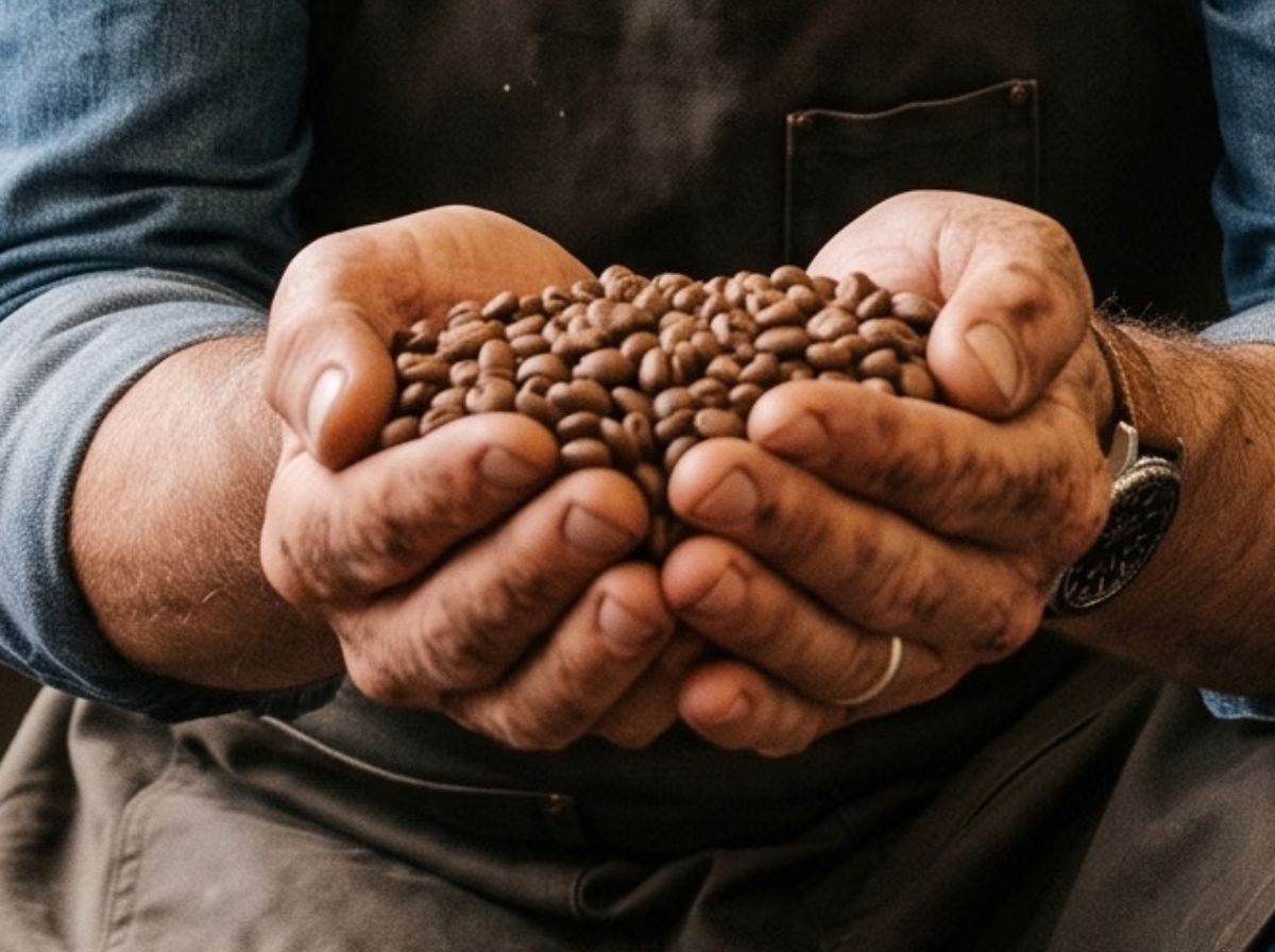 Roaster inspecting specialty coffee beans